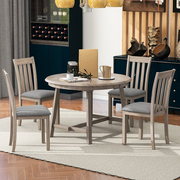 English Elm Trexm Extendable Round Dining Set Rubberwood Legs Upholstered Chairs Modern Farmhouse Natural Wood Wash ST000038AAD