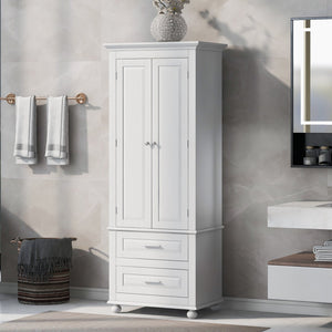 English Elm Tall Slim Storage Cabinet with Adjustable Shelves, 2 Drawers & Doors, Anti-Tip Design for Bathroom White WF299284AAK