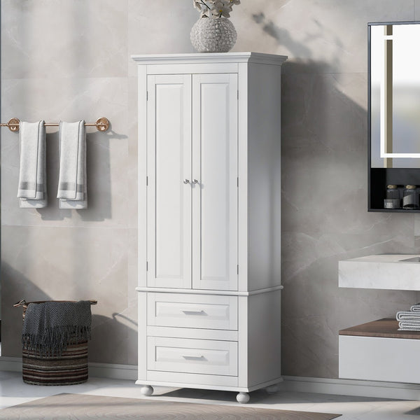 English Elm Tall Slim Storage Cabinet with Adjustable Shelves, 2 Drawers & Doors, Anti-Tip Design for Bathroom White WF299284AAK