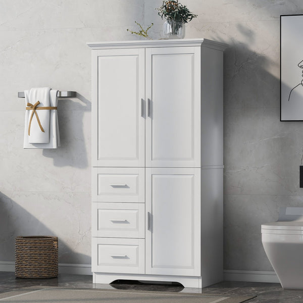 English Elm Tall Narrow Storage Cabinet with Doors and 3 Drawers – Adjustable Shelves, Anti-Tip, 45lb Capacity White WF299285AAK