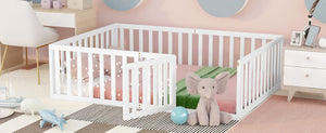 English Elm Full Size Pine Wood Floor Bed with Safety Fence Door Montessori Kids Bedroom Frame WF299302AAK