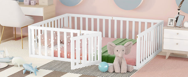 English Elm Full Size Pine Wood Floor Bed with Safety Fence Door Montessori Kids Bedroom Frame WF299302AAK