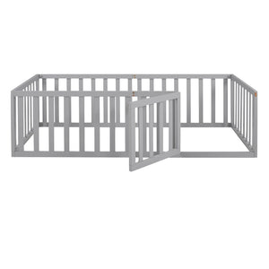 English Elm Twin Floor Bed Frame Pinewood Fence Enclosure with Door for Kids Bedroom Walnut Gray WF299299AAE