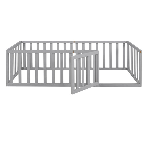 English Elm Twin Floor Bed Frame Pinewood Fence Enclosure with Door for Kids Bedroom Walnut Gray WF299299AAE