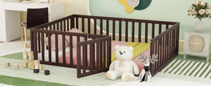 English Elm Full Size Pine Wood Floor Bed with Safety Fence Door Montessori Kids Bedroom Frame Walnut WF299302AAL