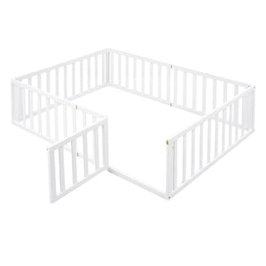 English Elm Full Size Pine Wood Floor Bed with Safety Fence Door Montessori Kids Bedroom Frame WF299302AAK