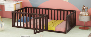 English Elm Twin Floor Bed Frame Pinewood Fence Enclosure with Door for Kids Bedroom Walnut WF299299AAL