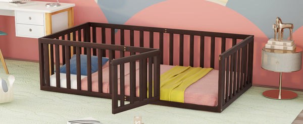 English Elm Twin Floor Bed Frame Pinewood Fence Enclosure with Door for Kids Bedroom Walnut WF299299AAL