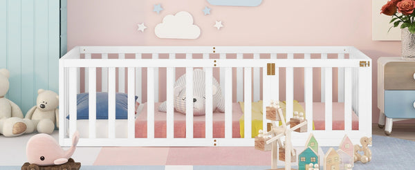 English Elm Twin Floor Bed Frame Pinewood Fence Enclosure with Door for Kids Bedroom Walnut White WF299299AAK