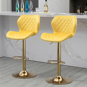 Hearth and Haven Yellow Velvet Adjustable Swivel Bar Stools Set Of 2 Modern Counter Height Barstools with Golden Color Base W116472791