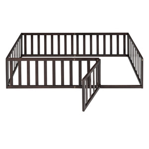 English Elm Twin Floor Bed Frame Pinewood Fence Enclosure with Door for Kids Bedroom Walnut WF299299AAL
