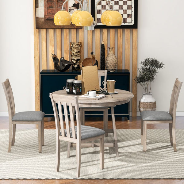 English Elm Trexm Extendable Round Dining Set Rubberwood Legs Upholstered Chairs Modern Farmhouse Natural Wood Wash ST000038AAD