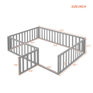English Elm Full Size Pine Wood Floor Bed with Safety Fence Door Montessori Kids Bedroom Frame WF299302AAE
