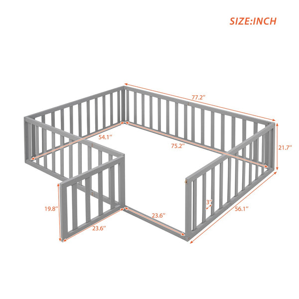 English Elm Full Size Pine Wood Floor Bed with Safety Fence Door Montessori Kids Bedroom Frame WF299302AAE