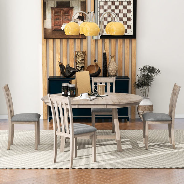 English Elm Trexm Extendable Round Dining Set Rubberwood Legs Upholstered Chairs Modern Farmhouse Natural Wood Wash ST000038AAD
