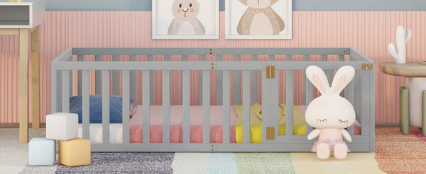 English Elm Twin Floor Bed Frame Pinewood Fence Enclosure with Door for Kids Bedroom Walnut Gray WF299299AAE