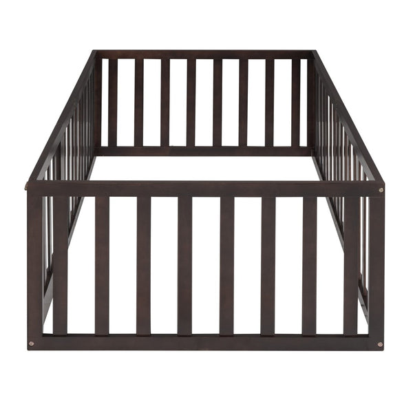 English Elm Twin Floor Bed Frame Pinewood Fence Enclosure with Door for Kids Bedroom Walnut WF299299AAL