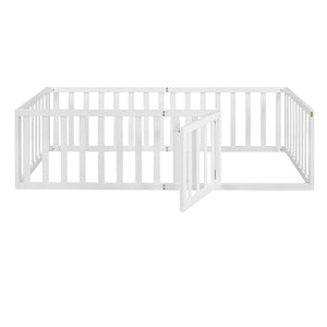 English Elm Twin Floor Bed Frame Pinewood Fence Enclosure with Door for Kids Bedroom Walnut White WF299299AAK