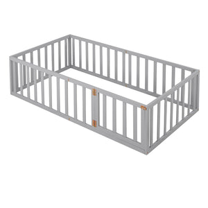 English Elm Twin Floor Bed Frame Pinewood Fence Enclosure with Door for Kids Bedroom Walnut Gray WF299299AAE