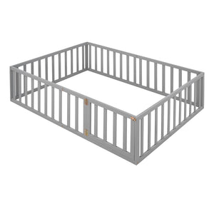 English Elm Full Size Pine Wood Floor Bed with Safety Fence Door Montessori Kids Bedroom Frame WF299302AAE
