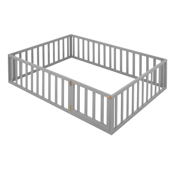 English Elm Full Size Pine Wood Floor Bed with Safety Fence Door Montessori Kids Bedroom Frame WF299302AAE