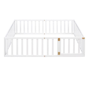 English Elm Full Size Pine Wood Floor Bed with Safety Fence Door Montessori Kids Bedroom Frame WF299302AAK