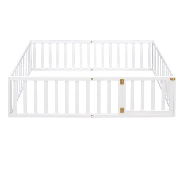 English Elm Full Size Pine Wood Floor Bed with Safety Fence Door Montessori Kids Bedroom Frame WF299302AAK