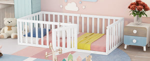 English Elm Twin Floor Bed Frame Pinewood Fence Enclosure with Door for Kids Bedroom Walnut White WF299299AAK