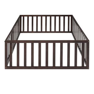 English Elm Full Size Pine Wood Floor Bed with Safety Fence Door Montessori Kids Bedroom Frame Walnut WF299302AAL