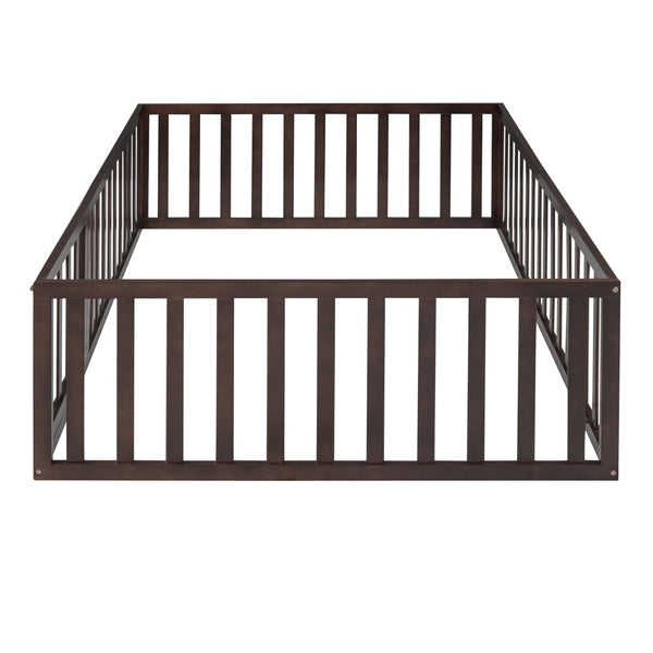 English Elm Full Size Pine Wood Floor Bed with Safety Fence Door Montessori Kids Bedroom Frame Walnut WF299302AAL