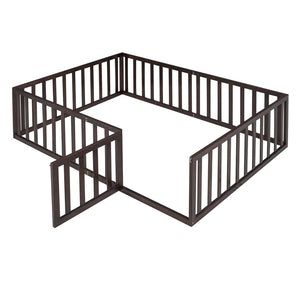 English Elm Full Size Pine Wood Floor Bed with Safety Fence Door Montessori Kids Bedroom Frame Walnut WF299302AAL