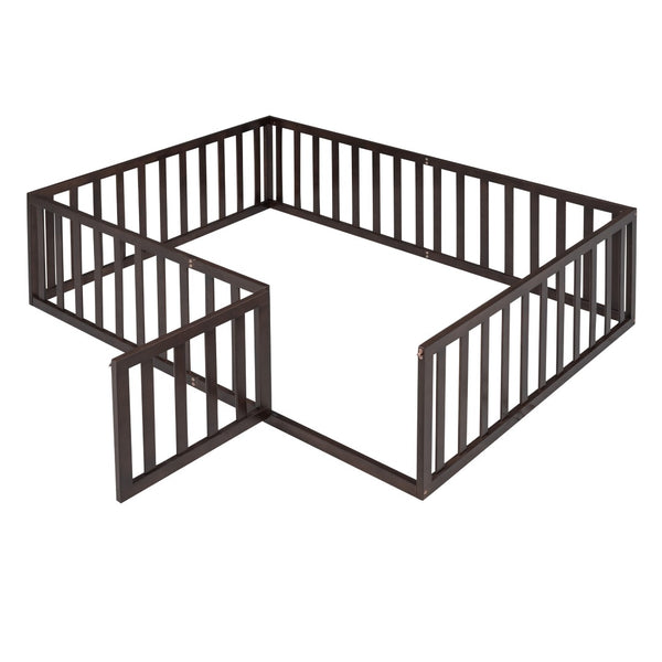 English Elm Full Size Pine Wood Floor Bed with Safety Fence Door Montessori Kids Bedroom Frame Walnut WF299302AAL