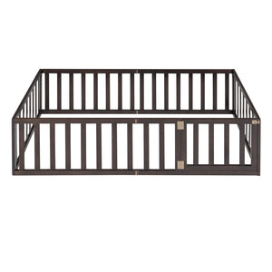 English Elm Twin Floor Bed Frame Pinewood Fence Enclosure with Door for Kids Bedroom Walnut WF299299AAL