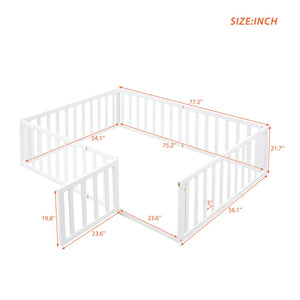 English Elm Full Size Pine Wood Floor Bed with Safety Fence Door Montessori Kids Bedroom Frame WF299302AAK