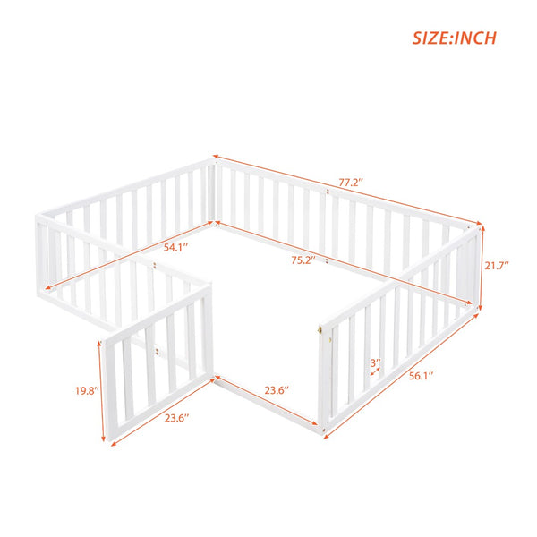 English Elm Full Size Pine Wood Floor Bed with Safety Fence Door Montessori Kids Bedroom Frame WF299302AAK