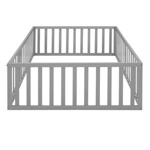 English Elm Full Size Pine Wood Floor Bed with Safety Fence Door Montessori Kids Bedroom Frame WF299302AAE