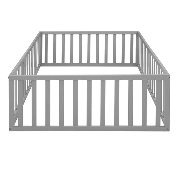 English Elm Full Size Pine Wood Floor Bed with Safety Fence Door Montessori Kids Bedroom Frame WF299302AAE