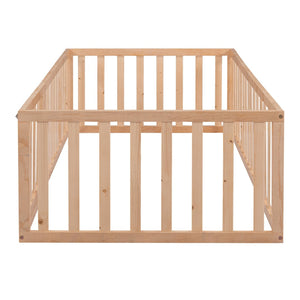 English Elm Twin Floor Bed Frame Pinewood Fence Enclosure with Door for Kids Bedroom Walnut Natural WF299299AAM
