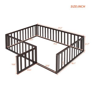 English Elm Full Size Pine Wood Floor Bed with Safety Fence Door Montessori Kids Bedroom Frame Walnut WF299302AAL