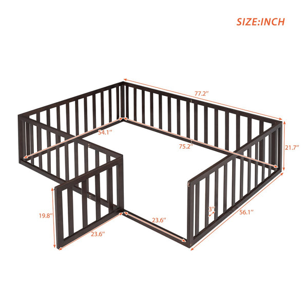 English Elm Full Size Pine Wood Floor Bed with Safety Fence Door Montessori Kids Bedroom Frame Walnut WF299302AAL
