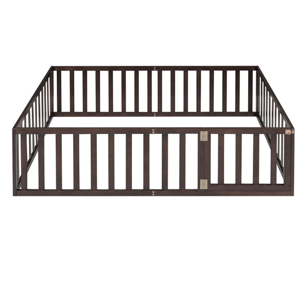 English Elm Full Size Pine Wood Floor Bed with Safety Fence Door Montessori Kids Bedroom Frame Walnut WF299302AAL