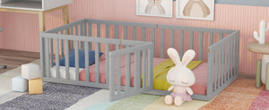 English Elm Twin Floor Bed Frame Pinewood Fence Enclosure with Door for Kids Bedroom Walnut Gray WF299299AAE