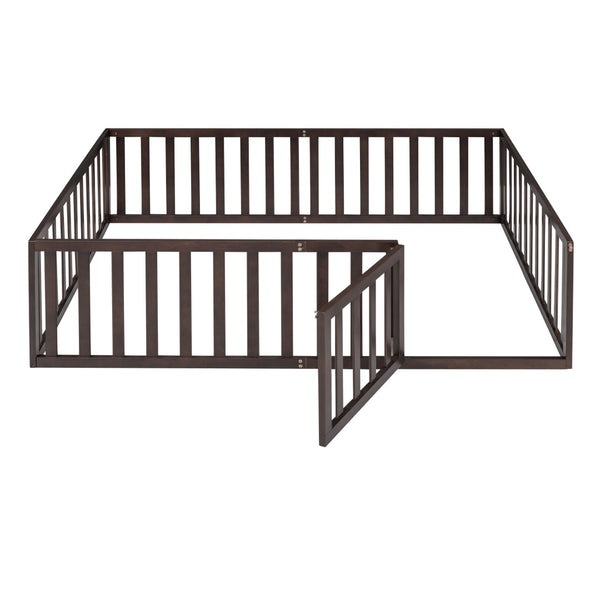 English Elm Full Size Pine Wood Floor Bed with Safety Fence Door Montessori Kids Bedroom Frame Walnut WF299302AAL