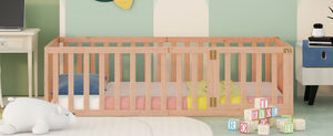 English Elm Twin Floor Bed Frame Pinewood Fence Enclosure with Door for Kids Bedroom Walnut Natural WF299299AAM