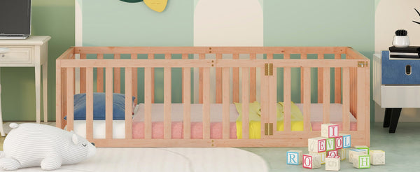 English Elm Twin Floor Bed Frame Pinewood Fence Enclosure with Door for Kids Bedroom Walnut Natural WF299299AAM