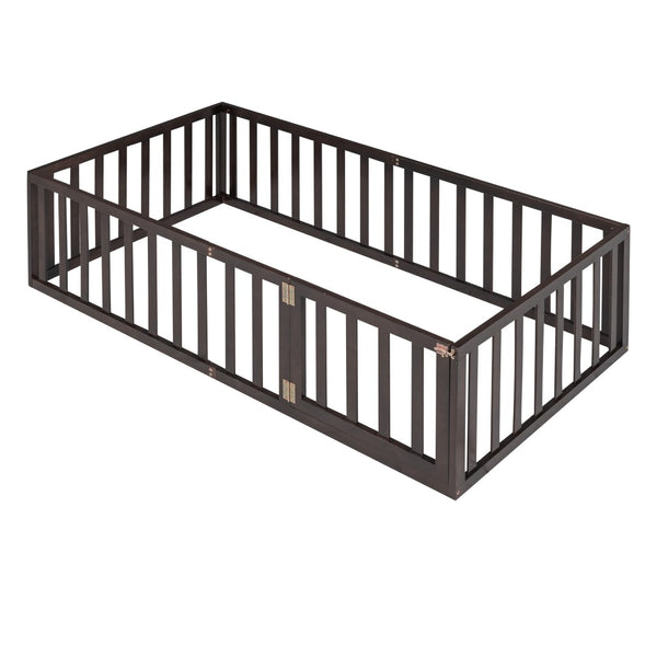 English Elm Twin Floor Bed Frame Pinewood Fence Enclosure with Door for Kids Bedroom Walnut WF299299AAL