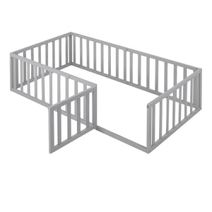 English Elm Twin Floor Bed Frame Pinewood Fence Enclosure with Door for Kids Bedroom Walnut Gray WF299299AAE