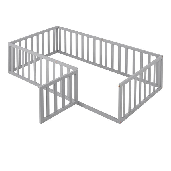 English Elm Twin Floor Bed Frame Pinewood Fence Enclosure with Door for Kids Bedroom Walnut Gray WF299299AAE