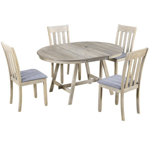 English Elm Trexm Extendable Round Dining Set Rubberwood Legs Upholstered Chairs Modern Farmhouse Natural Wood Wash ST000038AAD
