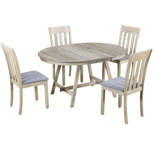 English Elm Trexm Extendable Round Dining Set Rubberwood Legs Upholstered Chairs Modern Farmhouse Natural Wood Wash ST000038AAD